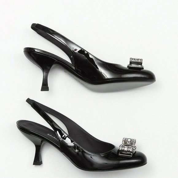 Salvatore Ferragamo Sernio Black Patent Leather Slingback Pumps - Size 7.5 B - Picture 2 of 6